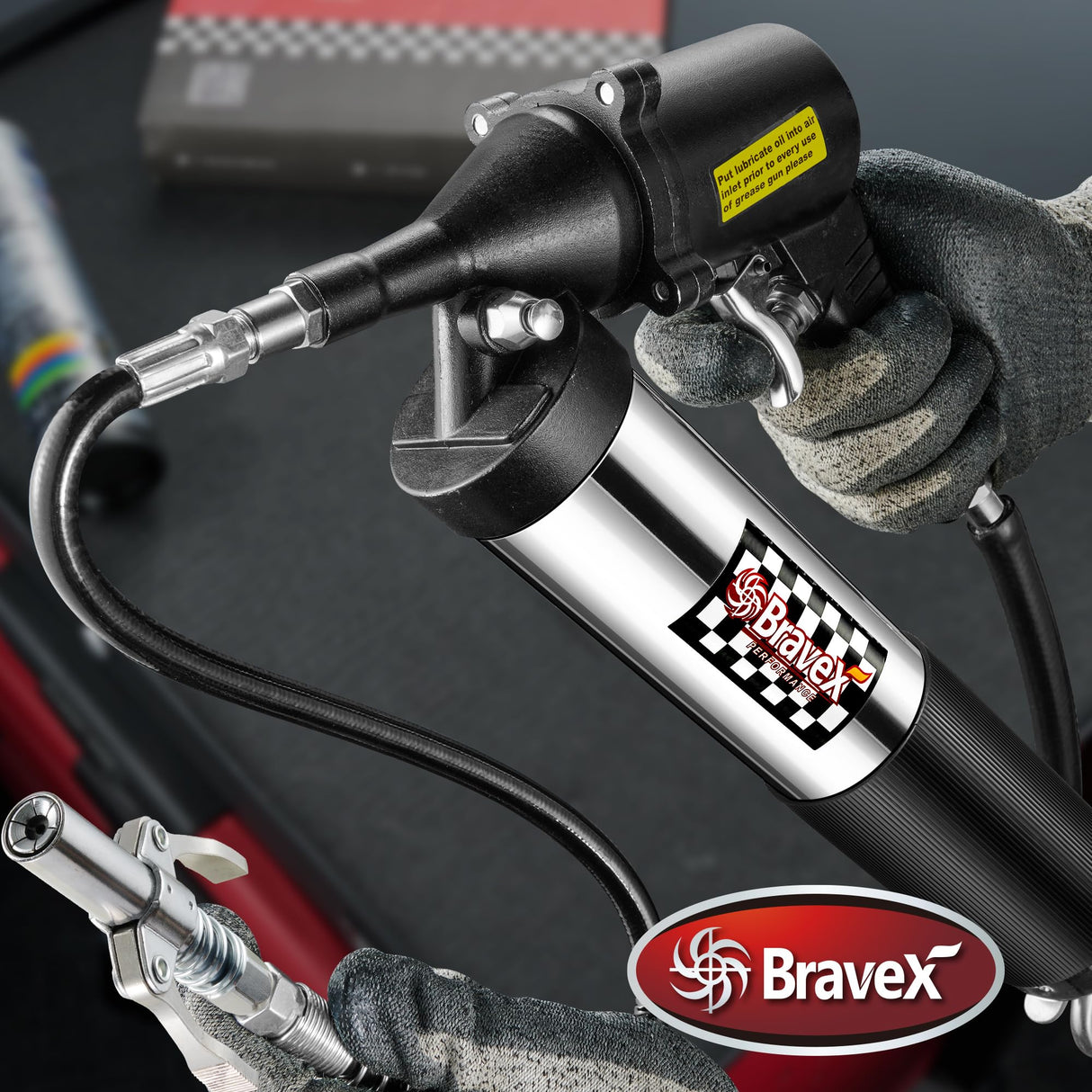 Pneumatic Grease Gun Automatic W/Quick Release Coupler, Continuous Cycle Heavy Duty 6000 PSI Air Compressor Grease Gun with Flex Hose 18 Inch Bravex