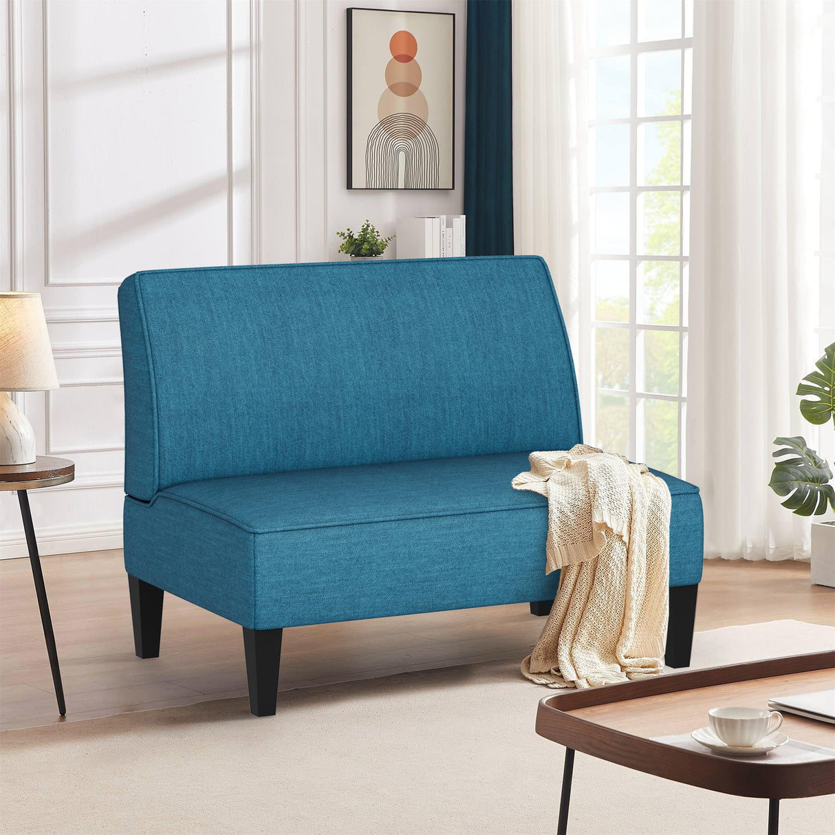 Changjie Furniture Small Loveseat Sofa, Upholstered Small Sofa Couch Mini Love seat Sofas for Bedroom Living Room (Blue) Changjie Furniture