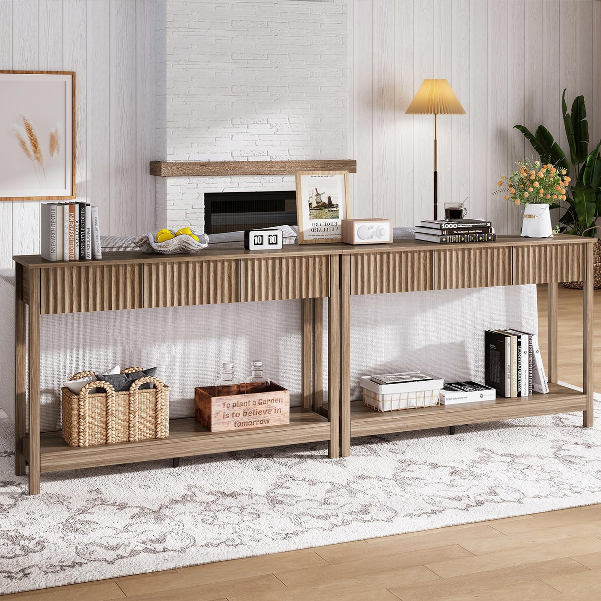 Treocho 47" Console Table with Drawers, Fluted Narrow Entryway Table with Open Shelf, Farmhouse Sofa Table Behind Couch for Hallway, Living Room, Brown Walnut Treocho