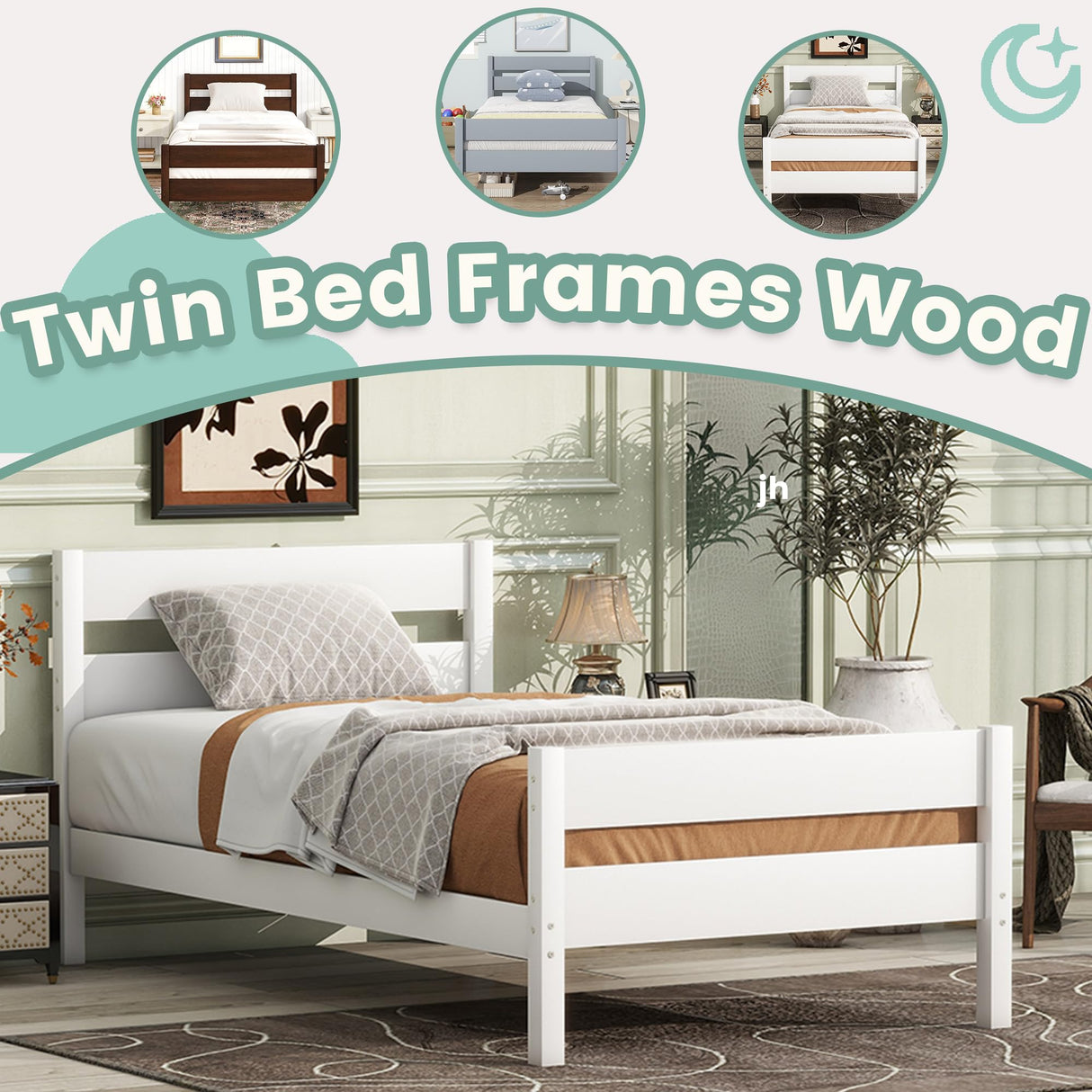 Duxelifin Twin Bed Frames Wood, Wood Twin Bed Frame with Headboard and Footboard, Platform Bed for Bedroom, Guset Room, No Box Spring Needed, White Duxelifin