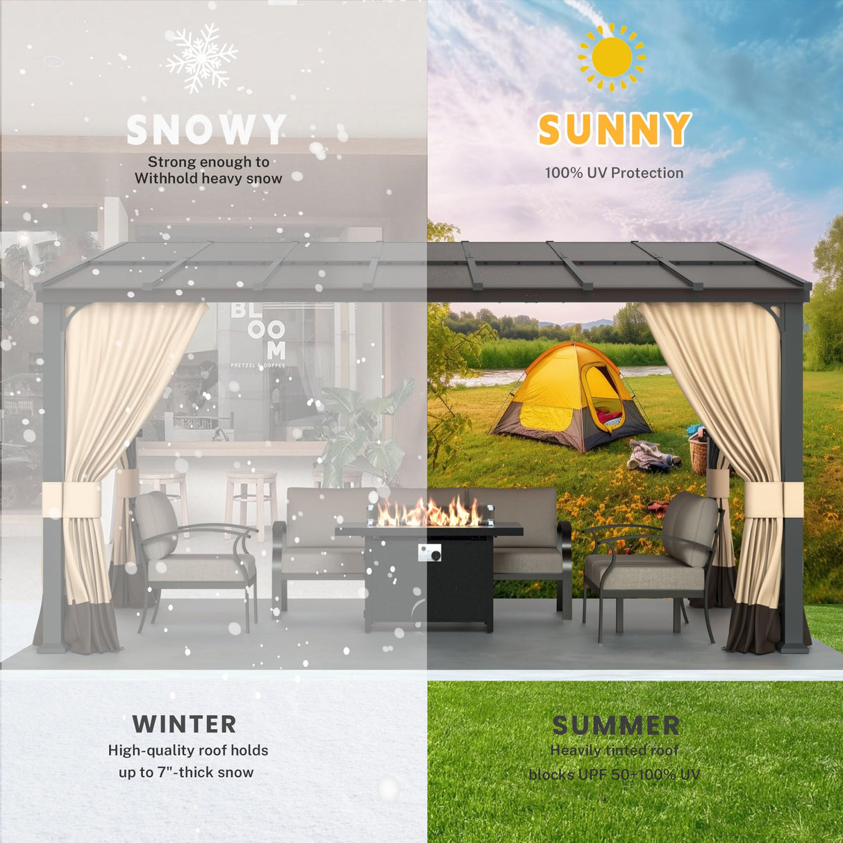 RTDTD 10' x 14' Gazebo,Hard Top Lean to Gazebo Wall Mount Heavy Hardtop Gazebo Outdoor Pergola with Curtains and Netting for Patio Garden Lawn Backyard Deck (Brown) RTDTD