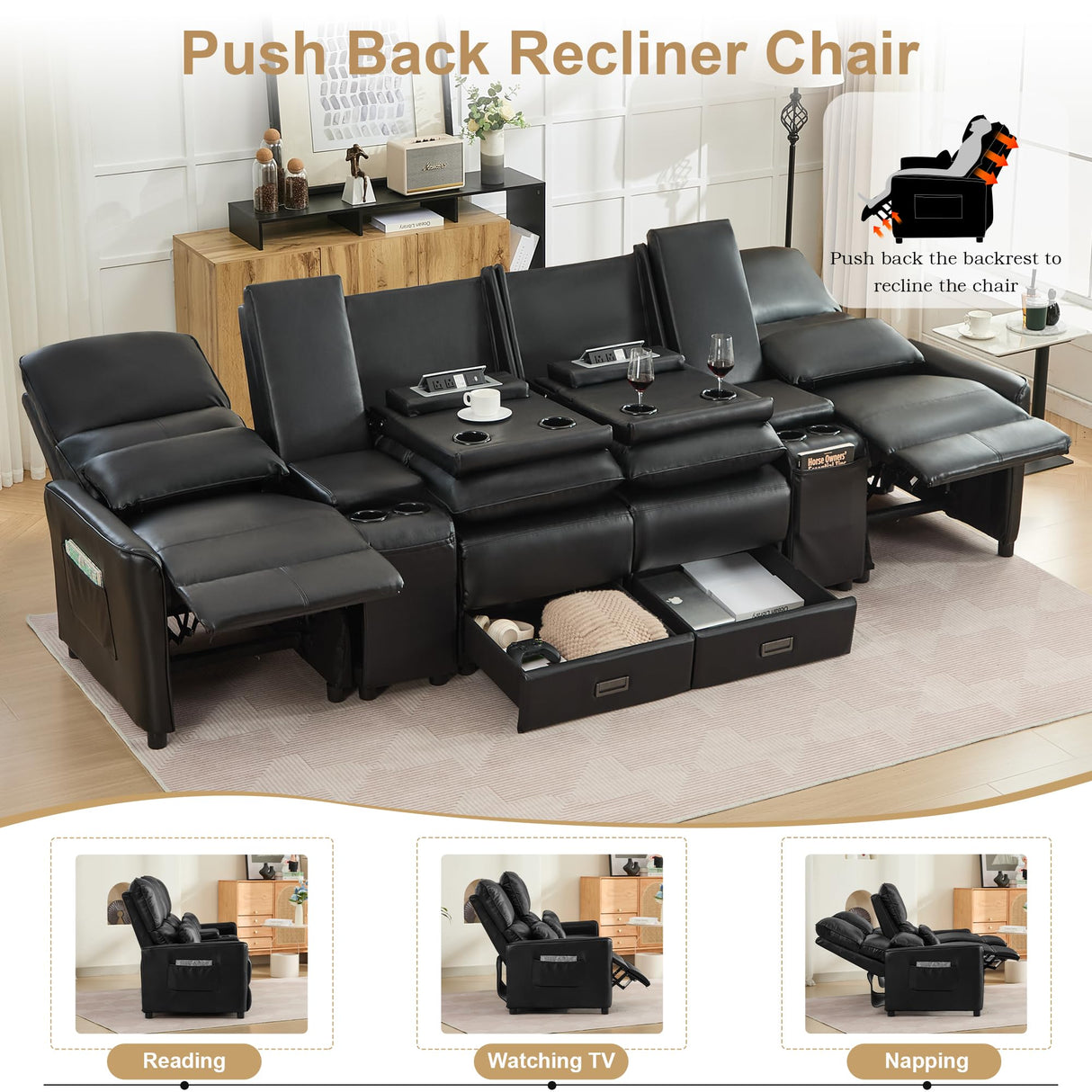 DRMBOOK 118'' RV 4 Seater Recliner Sofa, Faux Leather Three Camper Couch 4 Seater Recliner, Home Movie Theater Seating Chair, 4 Person Push Back Recliners for Living Room, Black DRMBOOK