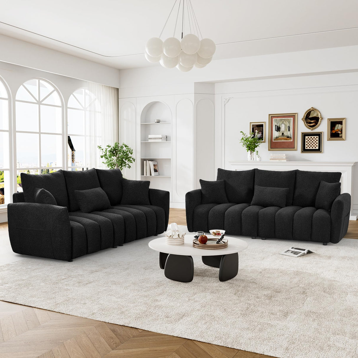 Wrofly Teddy Cloud Sofa Couch, Modern Deep Seat Boucle Sofa, 80.2" Comfy Upholstered Sherpa 3 Seater Couch with 3 Pillows, Oversized Loveseat for Living Room Apartment Office, Black Wrofly