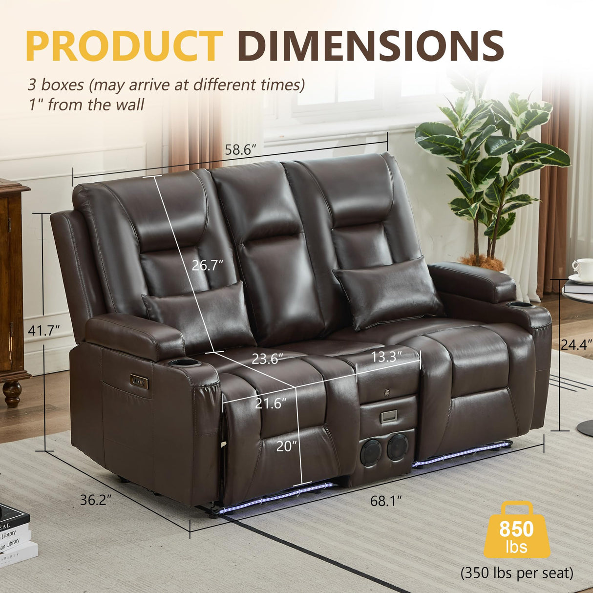 URRED Wall Hugger Loveseat Recliner Sofa with Flip Console, Power Reclining Loveseat RV Couch with LED Lights, Bluetooth, USB Ports, Outlets, Cup Holders, Side Pockets, Faux Leather, Dark Brown URRED
