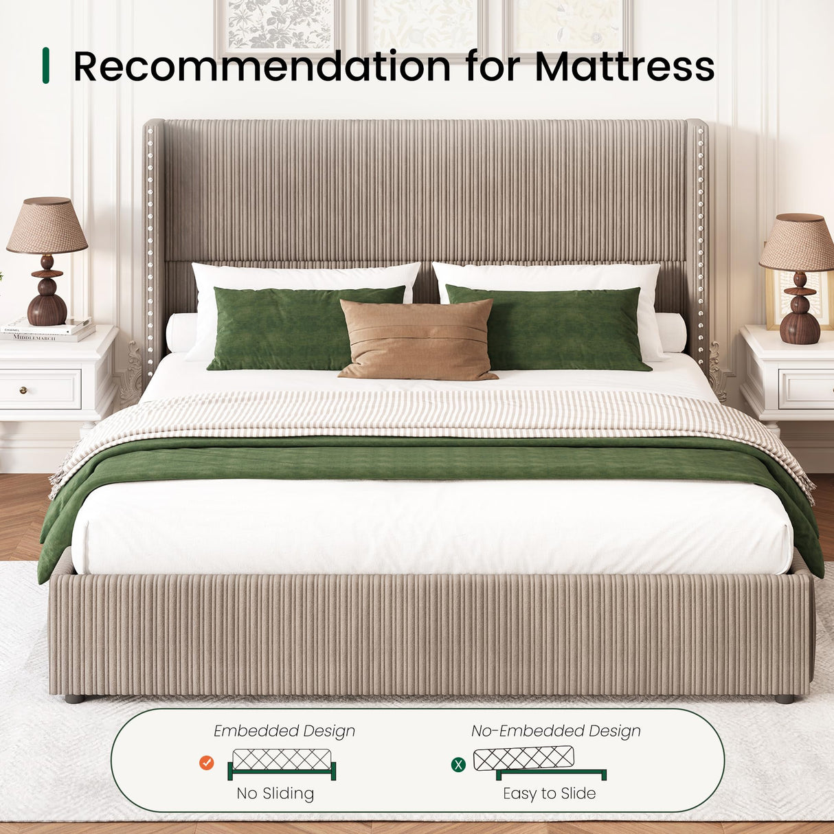 LARMACE King Size Bed Frame with 4 Storage Drawers,Corduroy Upholstered King Size Platform Bed Frame with Tufted Vertical Stripe,Solid Wood Leg/No Box Spring Needed/Noise Free,Brown LARMACE