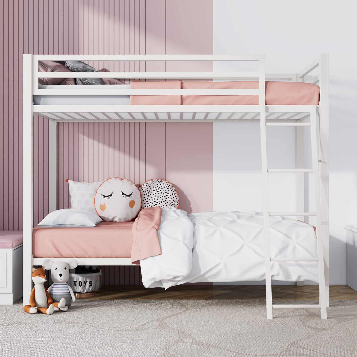 SHA CERLIN Loft Bunk Bed Twin Over Twin Size with Ladder and Guardrail,Heavy Duty Metal Slats Support No Box Spring Needed Small Space Saving Furniture for Bedroom Dorm,White SHA CERLIN
