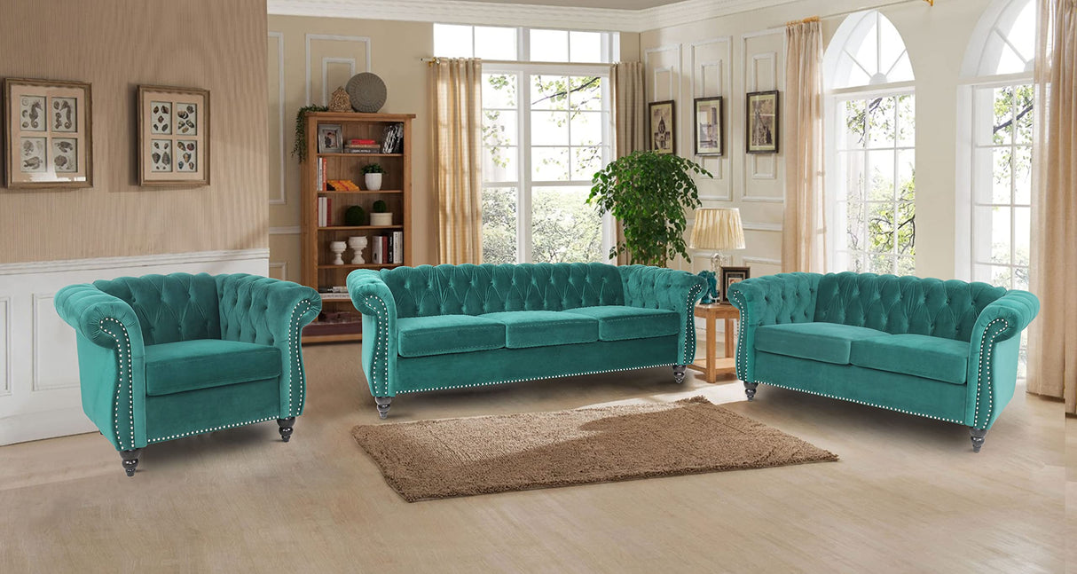 RARZOE 2 Pieces Living Room Furniture - Chesterfield Style Sofa Set with Nailhead Trim Scroll Arms, Green RARZOE
