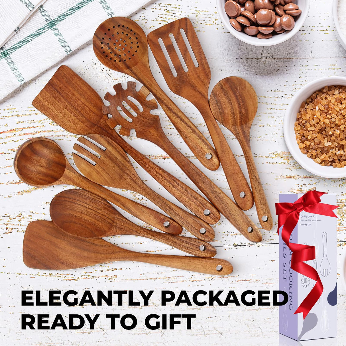 Teak Wooden Spoons for Cooking, Natural Solid Wooden Kitchen Cooking Utensils, Essential Wooden Kitchen Tools(9Pcs) YTYOTO