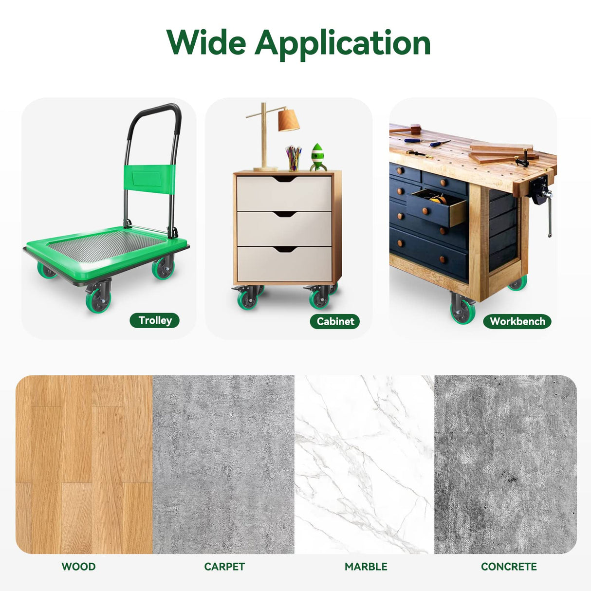 5 Inch Caster Wheels, Casters Set of 4 Heavy Duty, BZOLIHEU Locking Casters, Silent Top Plate Swivel Casters with Brake, Polyurethane Castor Wheels for Furniture and Workbench Cart, Green BZOLIHEU