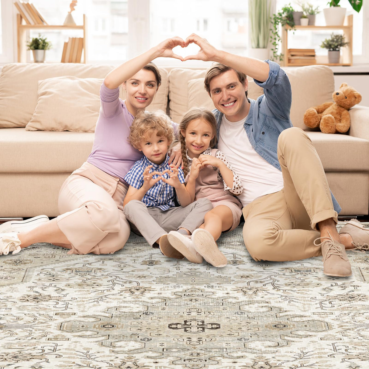 HILORUUG Washable Area Rug 9x12 - Bedroom Living Room Large Indoor Oriental Rugs - 0.13inch Low Pile Stain Resistant Rugs with Rubber Backing for at Least 108 sq ft Spaces (9x12 Ivory/Multi) HILORUUG