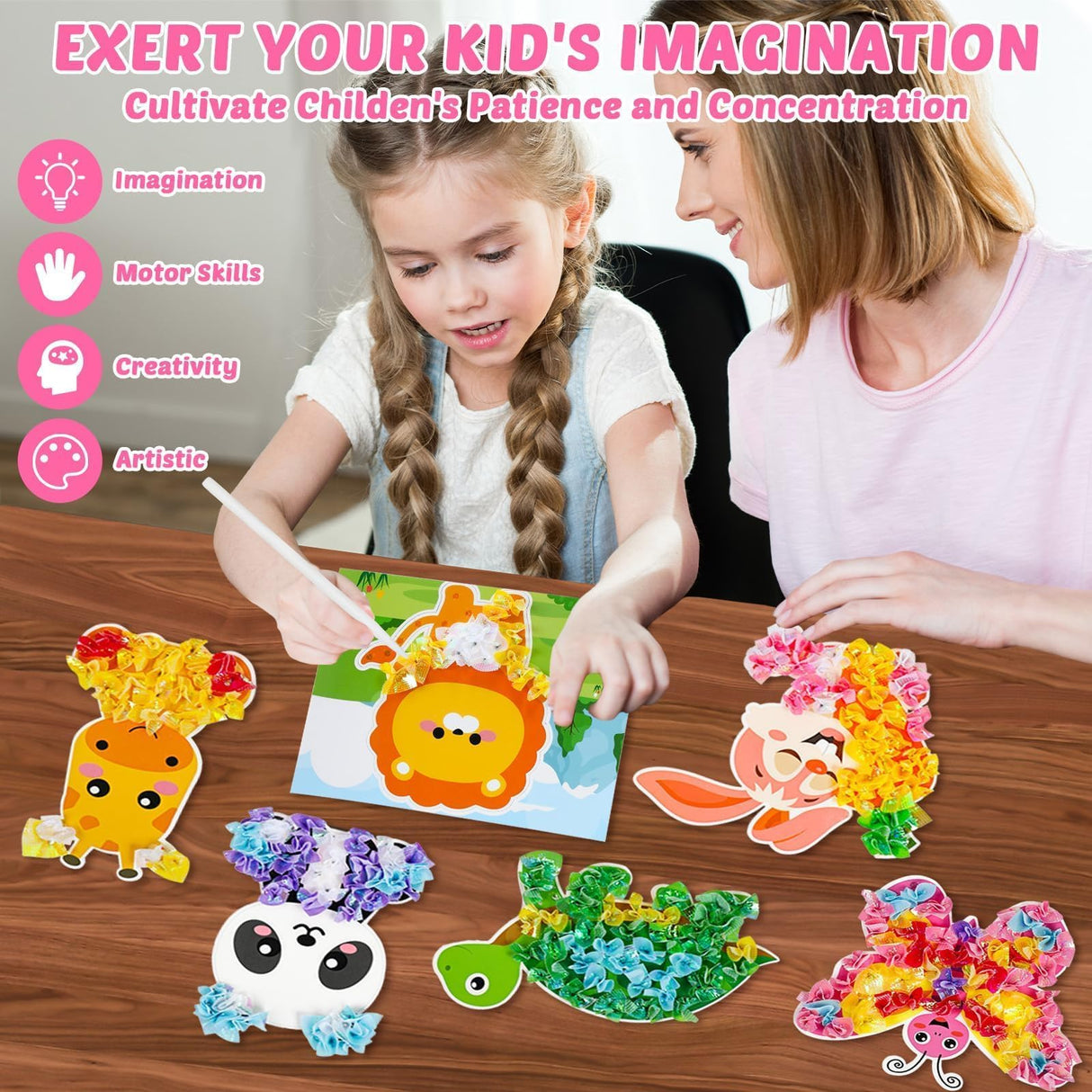 Lonfliness 8PCS Poke-in Craft and Art Kit for Kids Animal Theme No-Mess Fabric Sewing Art Girls Boys 4-12 Puzzle Puncture Painting DIY Jungle Animal Toy Gifts for Creative Activity Game Birthday Party Lonfliness