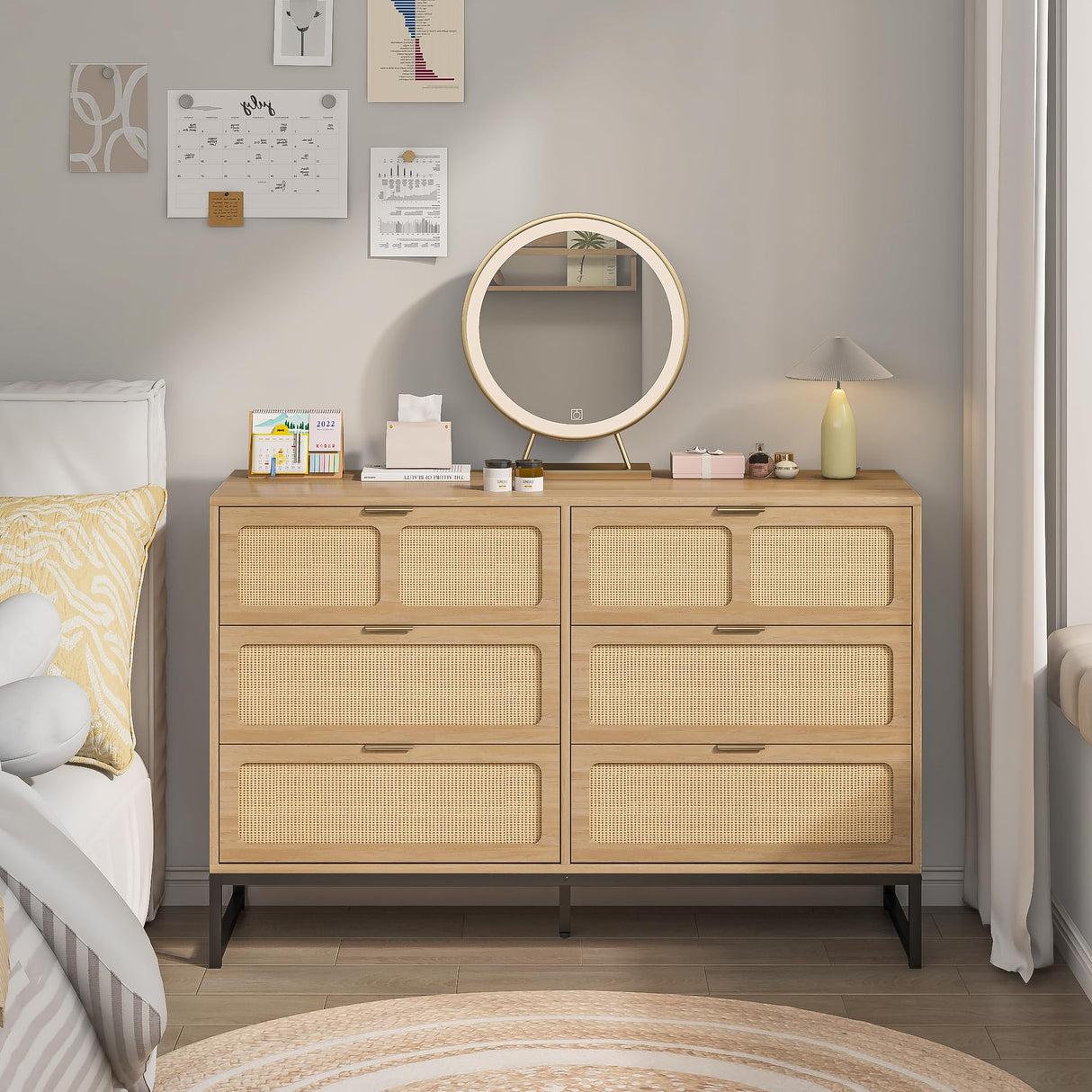 Rattan 6 Drawer Dresser Boho Dresser Chest of Drawers Farmhouse Oak 6 Double Drawer Dresser Cabinet with Wide Drawers Metal Legs Mid Century Modern Storage Dressers Chest for Bedroom, Living Room Furtivusia