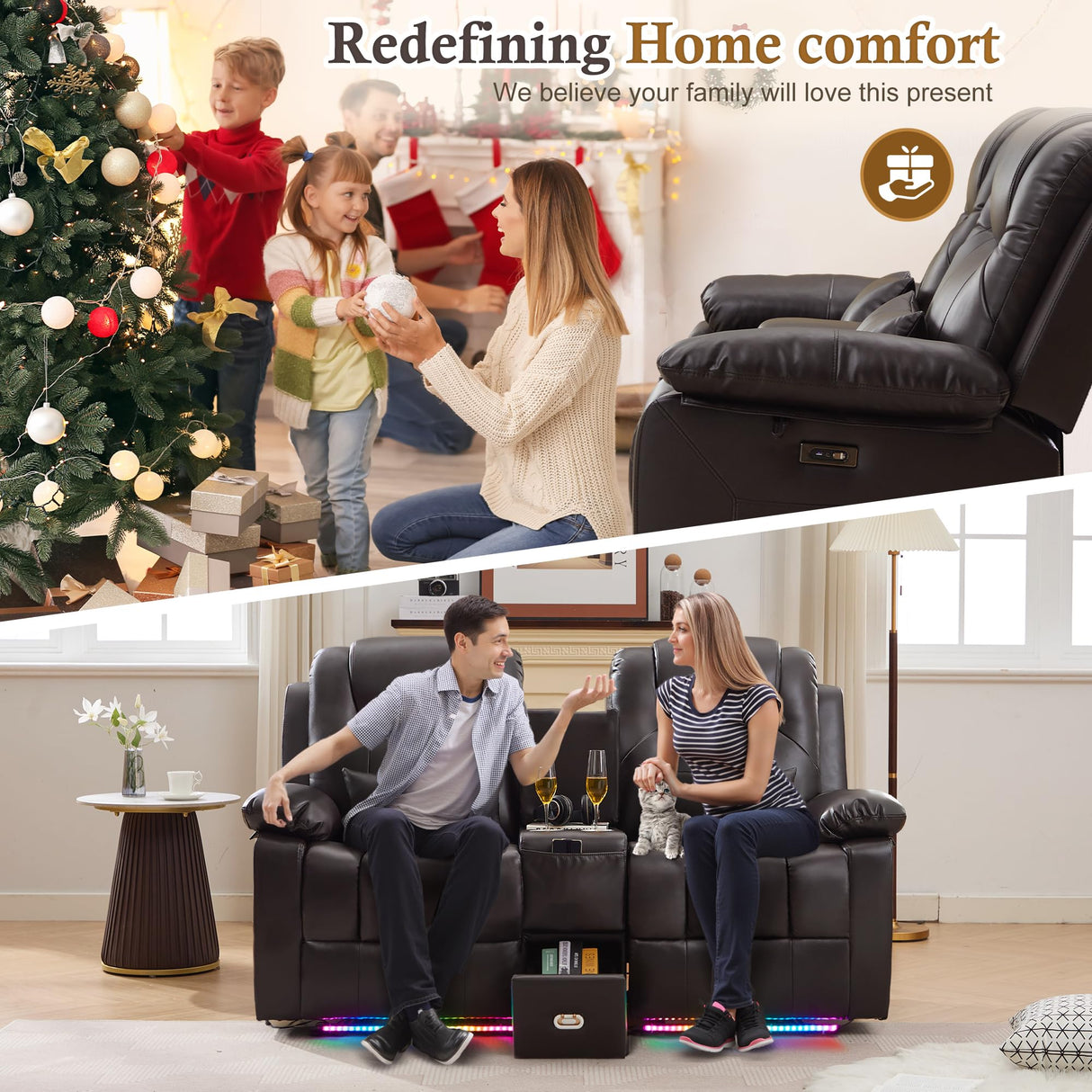 SnyFivv RV Power Loveseat Recliner Sofa, PU Leather Double Wall Hugger Reclining Sofa Home Theater Seating with Console, Cup Holders, LED Lights, 2 Person Couch RV Furniture for Living Room (Brown) SnyFivv