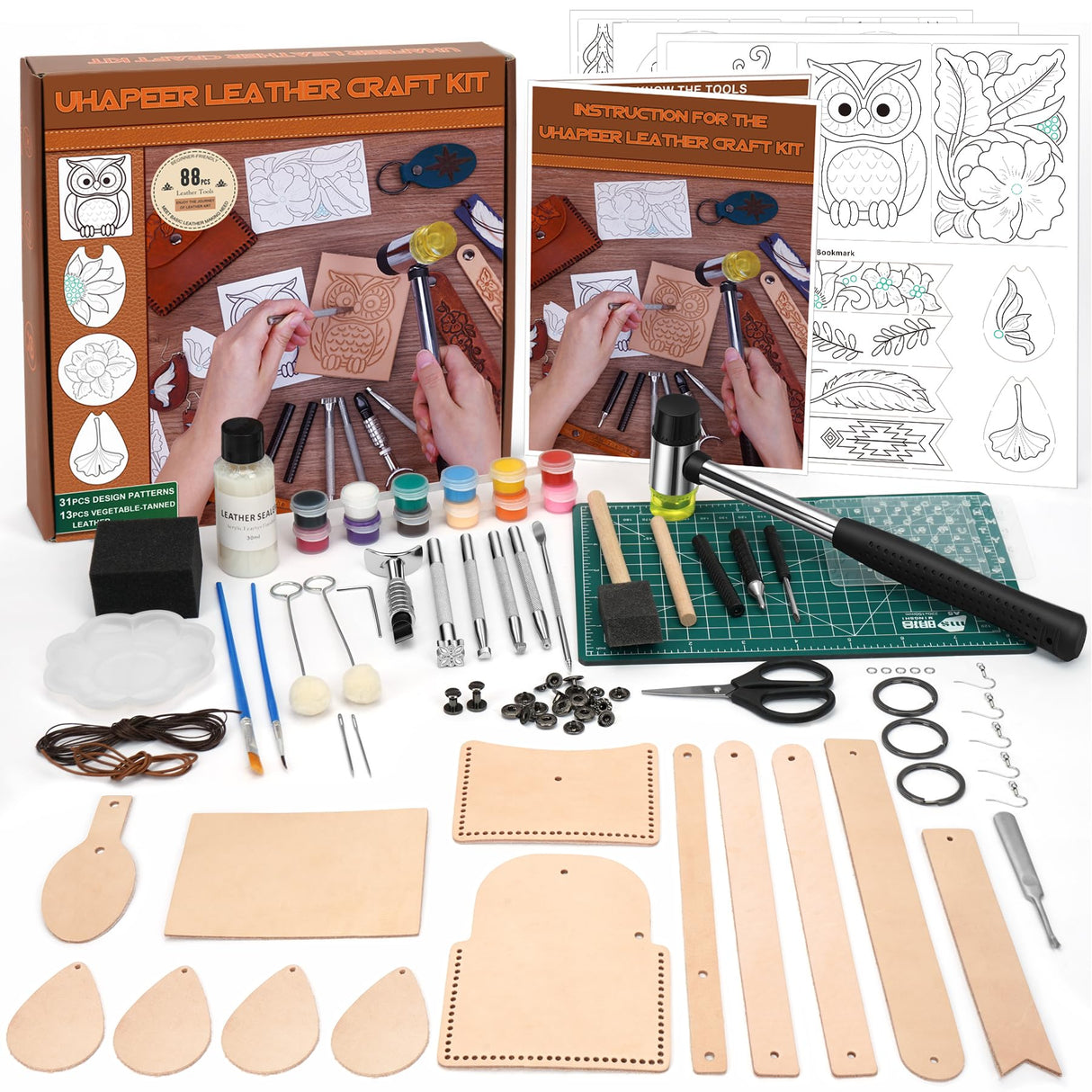 UHAPEER 88PCS Leather Crafting Kit: Leather Working Tools and Supplies for Adult, with Stamping Dyeing Carving Tools, Video Tutorial for Beginners to DIY Earring Wallet Keychain Wristband UHAPEER