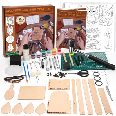 UHAPEER 88PCS Leather Crafting Kit: Leather Working Tools and Supplies for Adult, with Stamping Dyeing Carving Tools, Video Tutorial for Beginners to DIY Earring Wallet Keychain Wristband