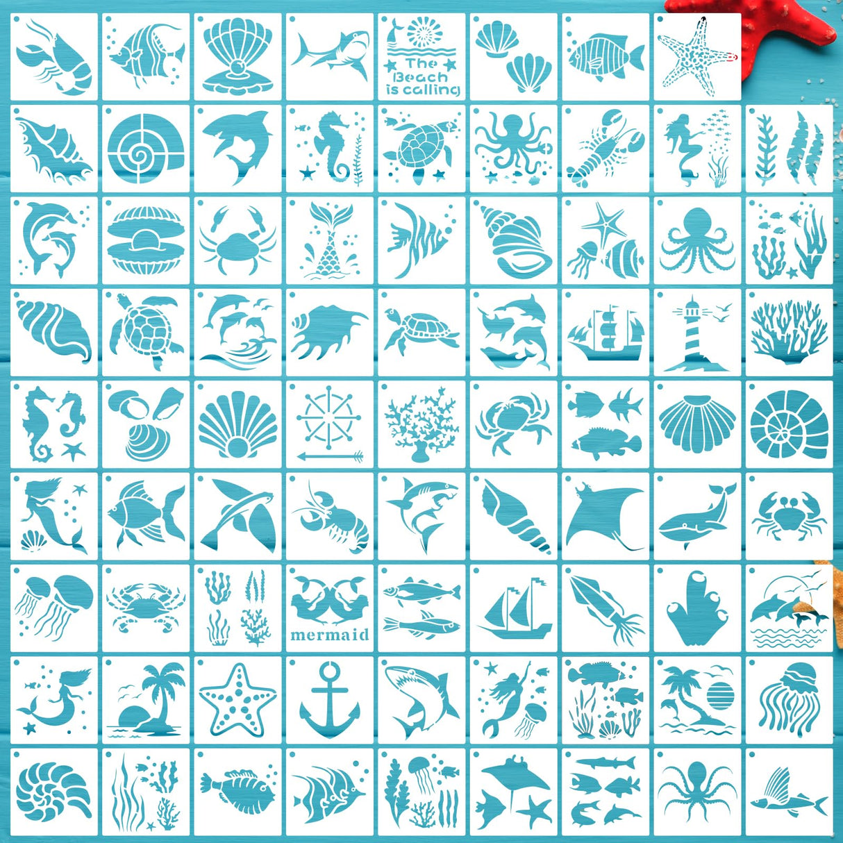 DZXCYZ 80 Pcs 3 x 3 Inch Stencils for Painting on Wood, Reusable Sea Ocean Creatures Mermaid Dolphin Shark Plastic Stencils DIY Craft Paint Template Set for Wall Home Decor DZXCYZ