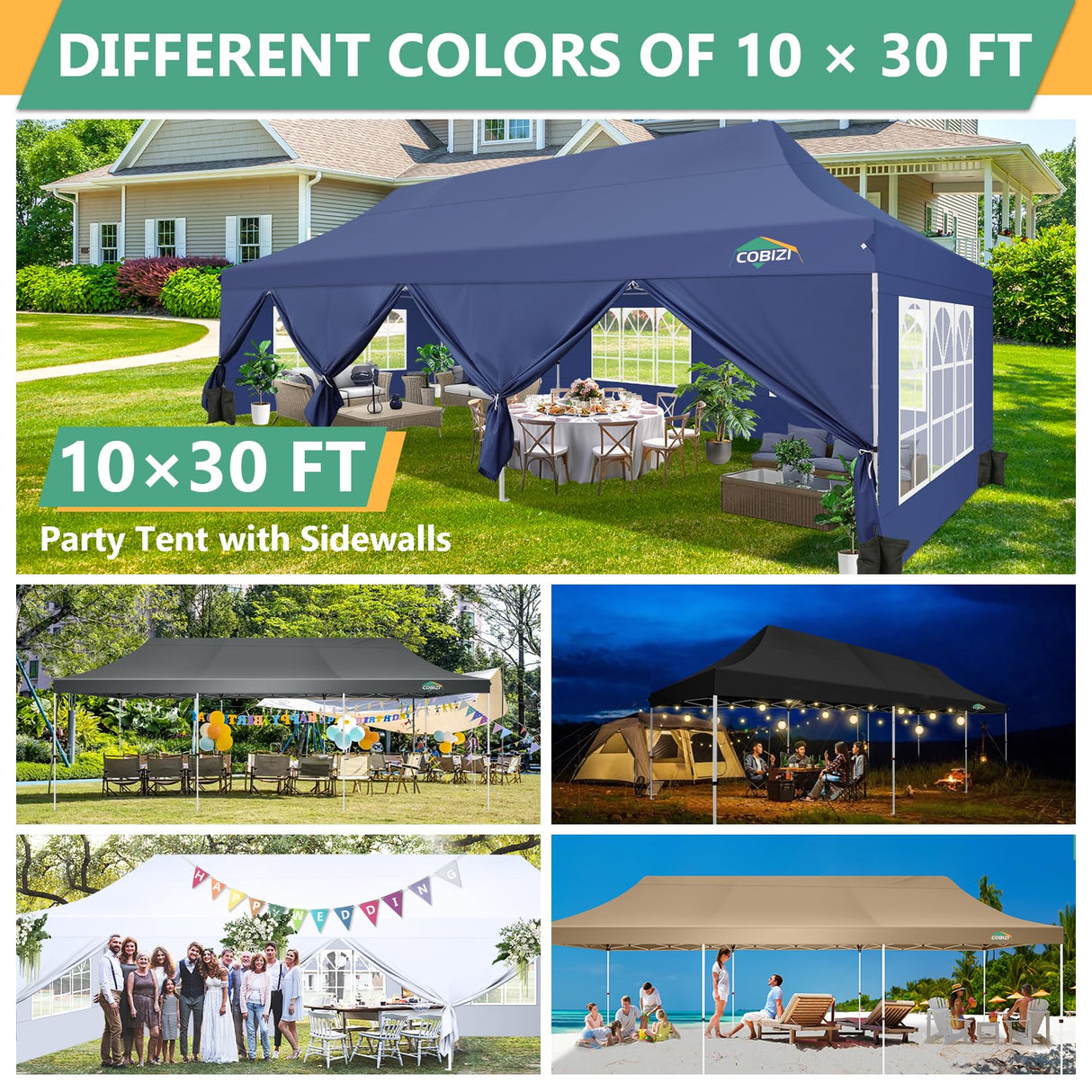 COBIZI 10x30 Pop Up Canopy Tent with 8 Removable Sidewalls EZ POP Up Party 10x30 Canopy Tent Waterproof and UPF50+,Outdoor canopy tents for Parties Wedding Events,with Roller Bag & Sandbags(gray COBIZI