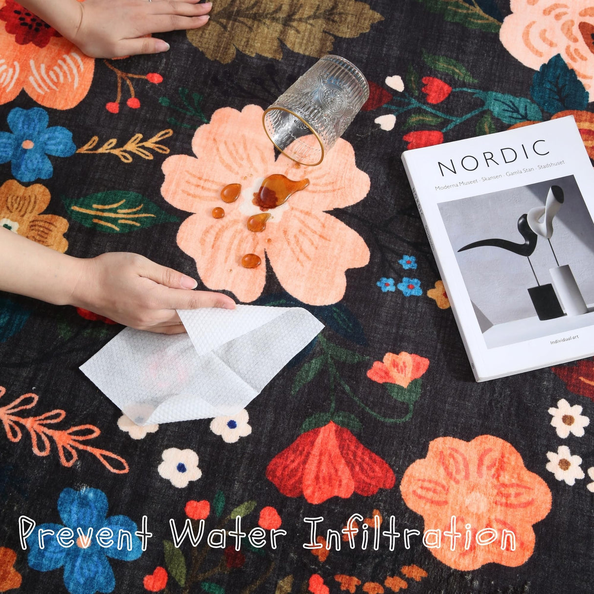 Rugcomf Living Room Rug 5x7 Rug Machine Washable Boho Area Rug Non Slip Floral Vintage Low Pile Large Rugs for Living Room, Bedroom, Farmhouse, Dining Room, Kids Playroom(Black) Rugcomf