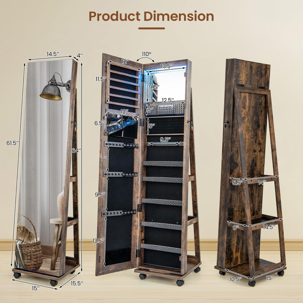 Byroce 360° Rotating Jewelry Armoire with Wheels, Lockable Jewelry Organizer W/ 3-Color LED Lights, Adjustable Shelves & Rear Storage, 64’’H Full Length Mirror Jewelry Cabinet Standing (Rustic Brown) Byroce