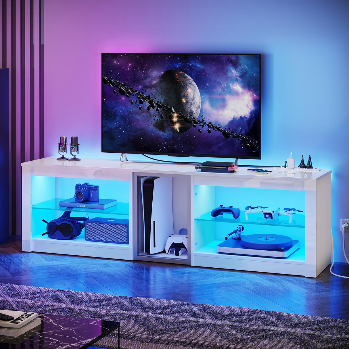 Bestier High Gloss TV Stand for 70 inch TV with Power Outlets, LED Entertainment Center for PS5, Gaming TV Consoles with Glass Shelves for Living Room, 63'' Inch, Bright White Bestier