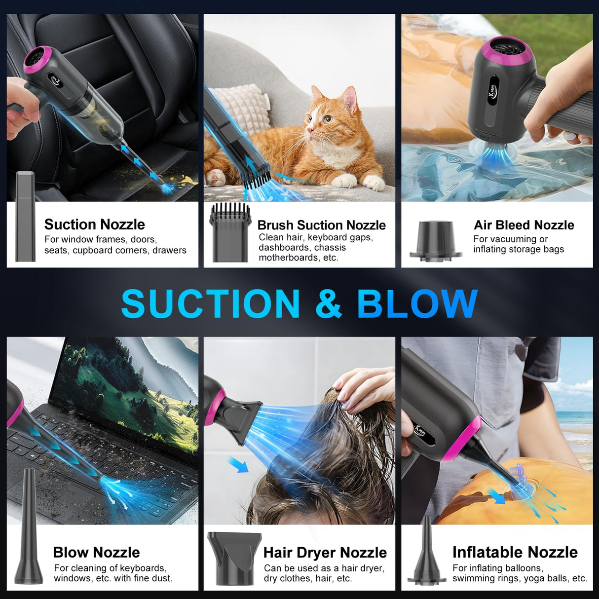 KMM Handheld Car Vacuum Cleaner, 4 in 1 Vacuum Cleaner 16000Pa Air Duster, 3-Speed Adjustable 120W High Power Vacuum Cleaner with LED Light and Multi-Nozzles for Car, Home, Office, Pet KMM