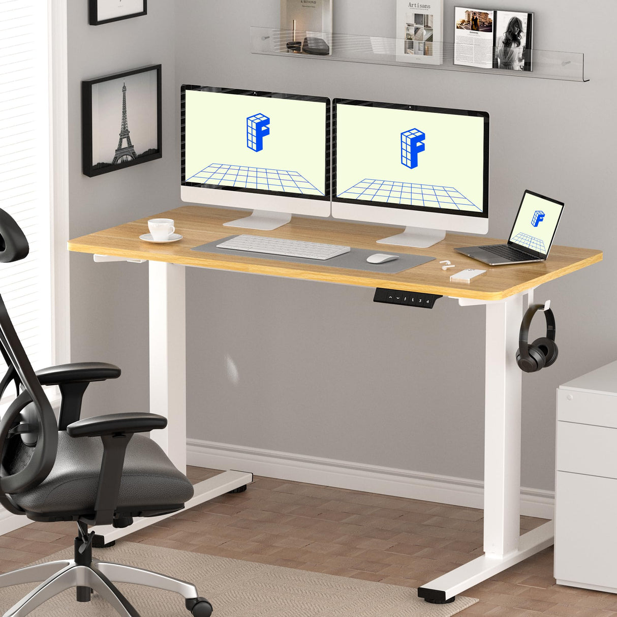 FLEXISPOT 60" Large Height Adjustable Desk, Electric Standing Desk Sit Stand up Desk for Home Office (60x24 inch Maple Desktop + White Frame, 2 Packages) FLEXISPOT