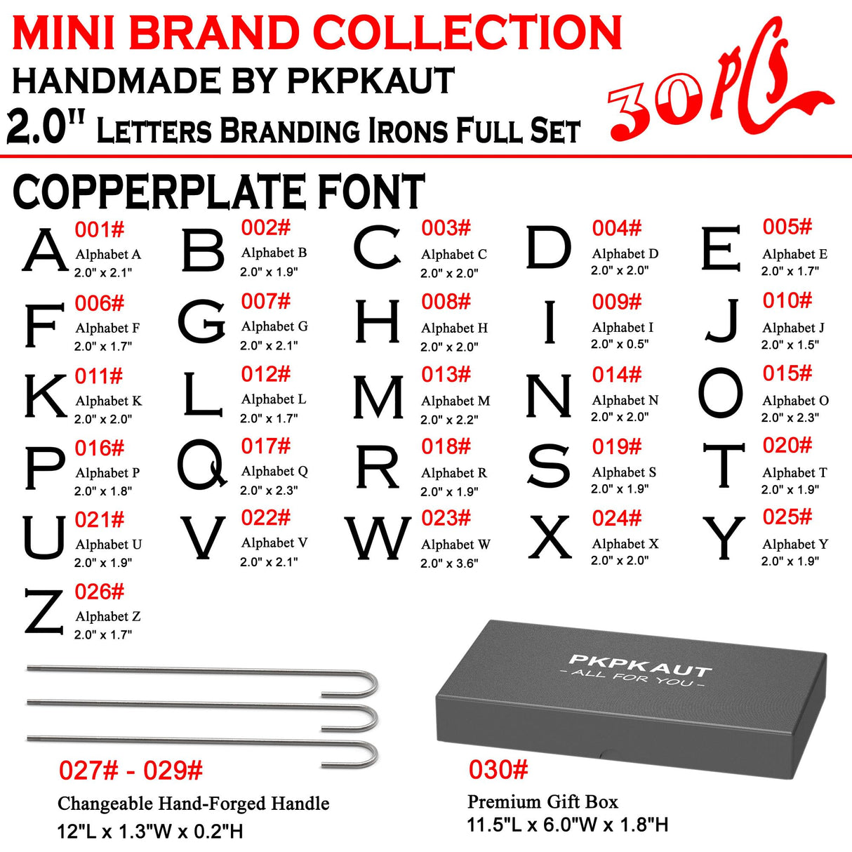 PKPKAUT 30Pcs 2" Letters Custom Wood Branding Iron Personalized for Wood Working, Leather Hats, Steak, BBQ Brander & Bread Logo, Personalized Steak Branding Iron for Food (12" Forged Handle) PKPKAUT