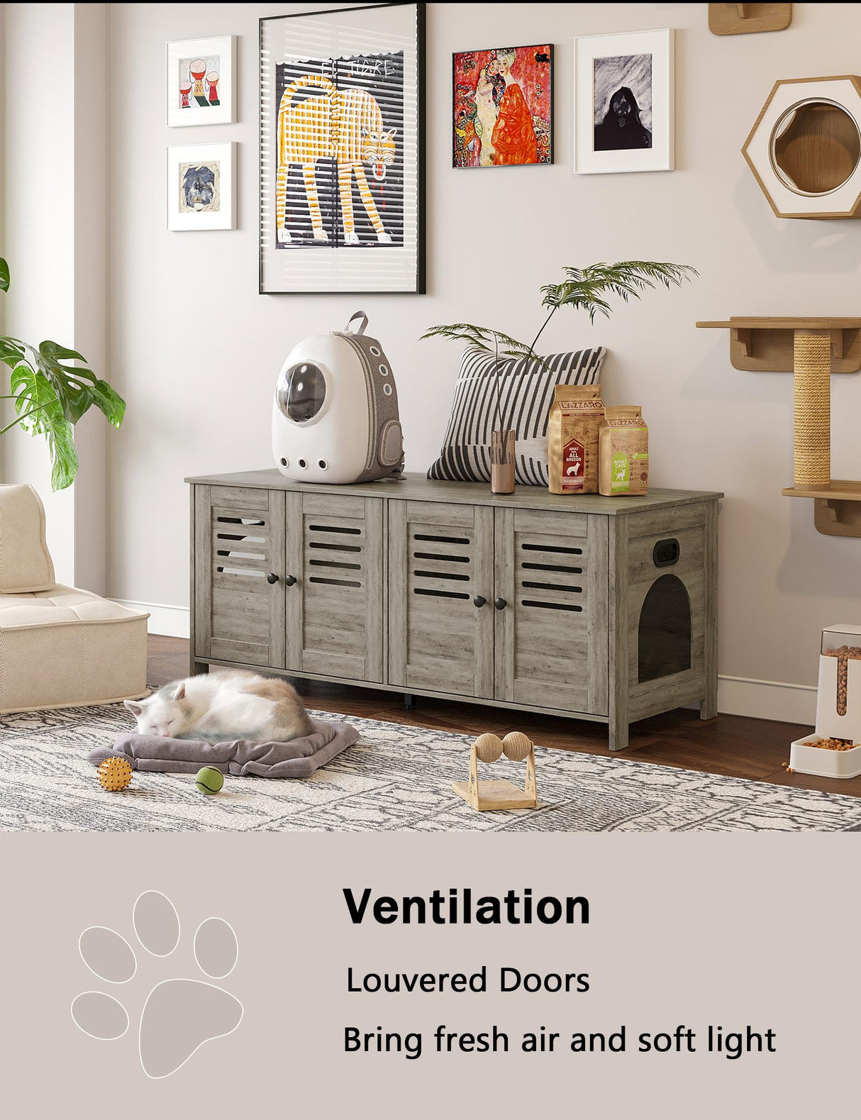 DINZI LVJ Litter Box Enclosure for 2 Cats, Hidden Litter Box Furniture with Double Rooms, Dual Cat Litter House, Front Doors, 47.2" Wooden Hidden Cat Washroom, Side End Table, TV Stand, Gray Wash DINZI LVJ