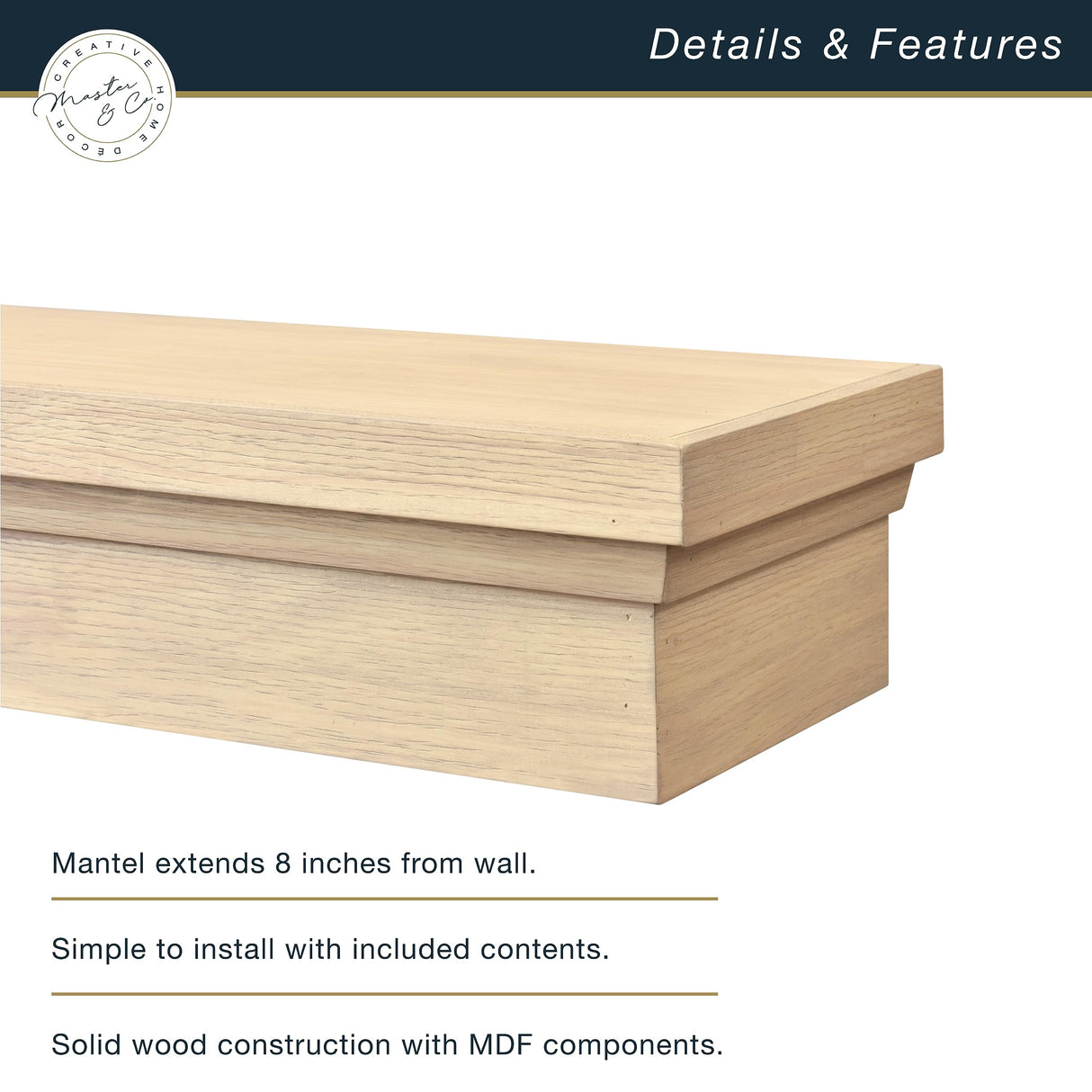 MCS 60-Inch Mantel, Master & Co Natural Woodgrain Finish Solid Wood Floating Fireplace Mantel, Long Floating Shelf for Livingroom with Wood Cleat Hanging System, Photo and Home Decor Display Shelf MCS