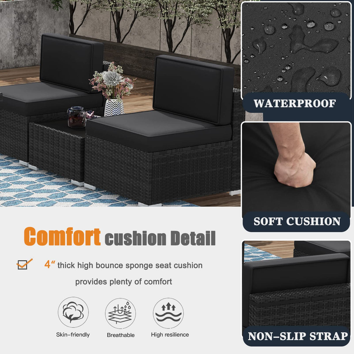 KHOLH 15 Pieces Patio Furniture Conversation Sofa Set with 44" Propane Gas Fire Pit Table, Outdoor Sectional Black Rattan Wicker Sofa Set KHOLH