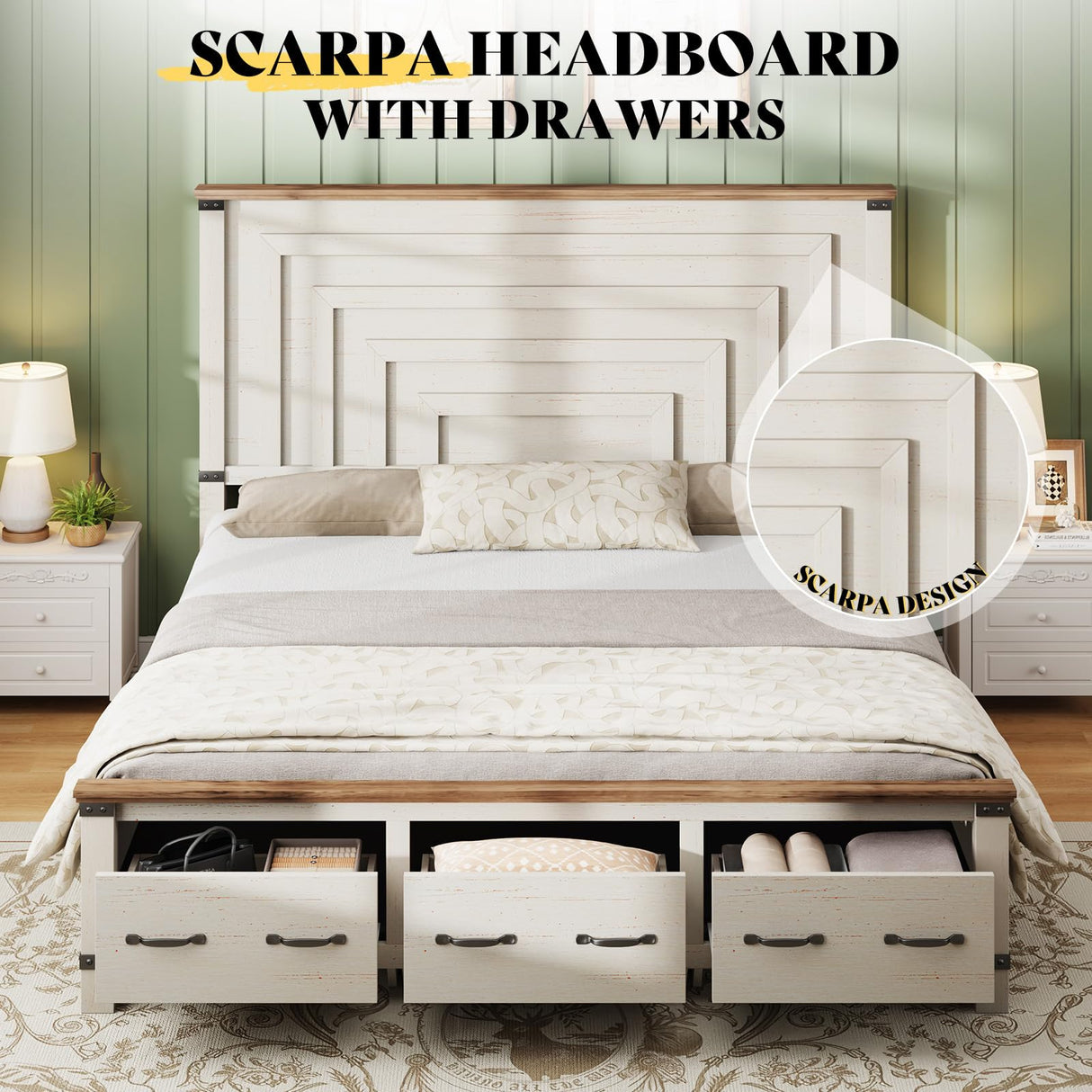 AMERLIFE Farmhouse King Size Bed Frame with 54" Tall Geometric Headboard & Footboard, Rustic Wood Platform Bed Frame/w 3 Large Storage Drawers, Wood Slats Support, No Box Spring Needed, Rustic White AMERLIFE