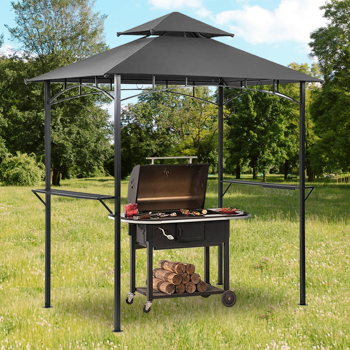 Grill Gazebo 2 Tier BBQ Barbecue Canopy Tent Shelter for Outdoor Patio Backyard (L96 x W60 x H101 Grey) Grezone
