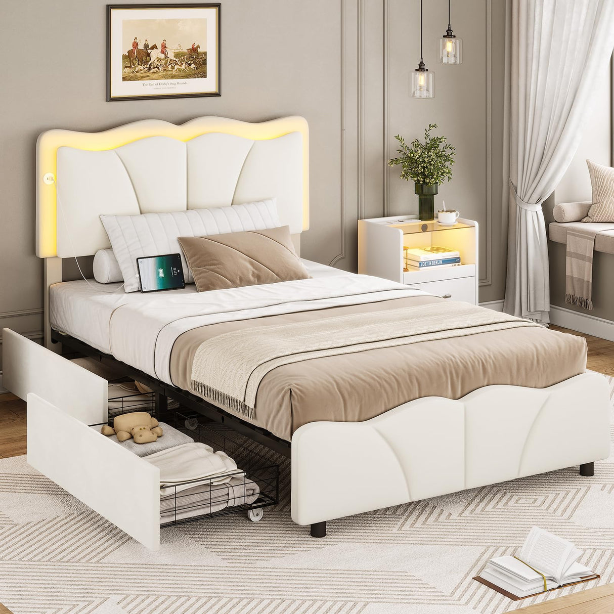 MSmask Twin Bed Frames with 4 Storage Drawers and LED Lights, Velvet Upholstered Platform Bed Frame with Height Adjustable Headboard, LED Bed Frame with Type C & USB, No Box Spring Needed, White MSmask