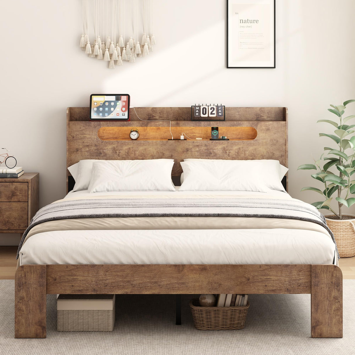 Decoholic Full Size Wooden Bed Frame, Storage Headboard with Charging Station & Led Lights, Solid and Stable, Noise Free,Rustic Farmhouse Sturdy Framework Wood Bedframe, Easy Assembly Decoholic