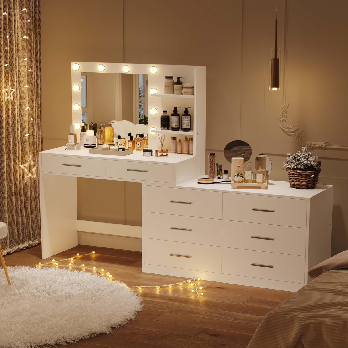 Rovaurx 65" Vanity Desk with Lighted Mirror and Lights, 8 Drawers Makeup Vanity Table with Storage Shelf, Modern Vanity with Mirror, Dressing Table for Bedroom, Adjustable Width, White RSZT109W Rovaurx