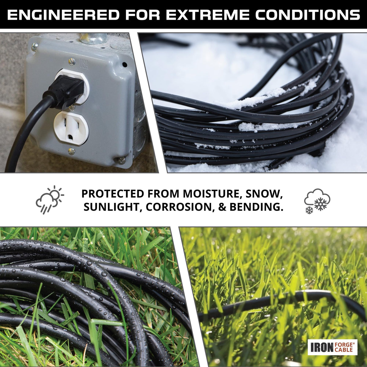 Iron Forge Cable 3 Outlet Power Strip Outdoor Extension Cord 15 ft, 16/3 Weatherproof Heavy Duty Black Extension Cord with Multiple Outlets 3 Prong IRON FORGE CABLE