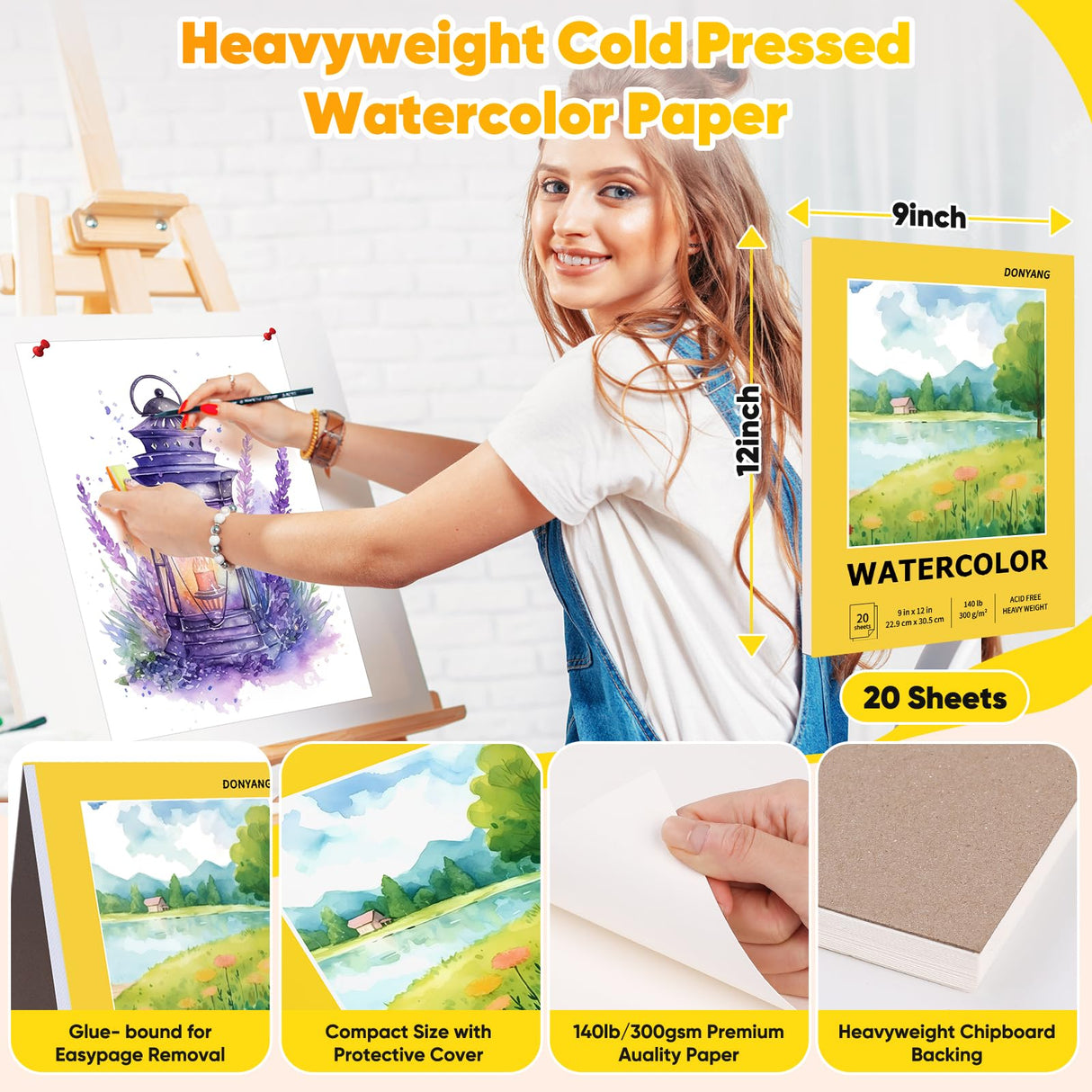 Watercolor Paper Pad, 9"x12" Water Color Paper, Easter Gifts, 20 Sheets Artist Drawing Sketch Book, 140lb/300gsm Art Supplies for Kid Adult, Watercolor Paint Set, Canvas Painting, Journal, Class Stuff Donyang