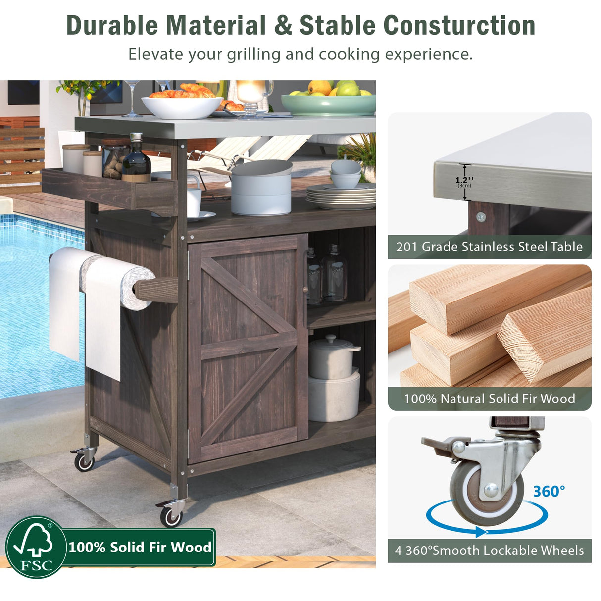 mixtavie Outdoor Kitchen Island, Rolling Bar Cart & Storage Cabinet, Farmhouse Solid Wood Outdoor Grill Table with Stainless Steel Top, Spice Rack, Towel Rack for Kitchen & Barbecue, Dark Brown mixtavie