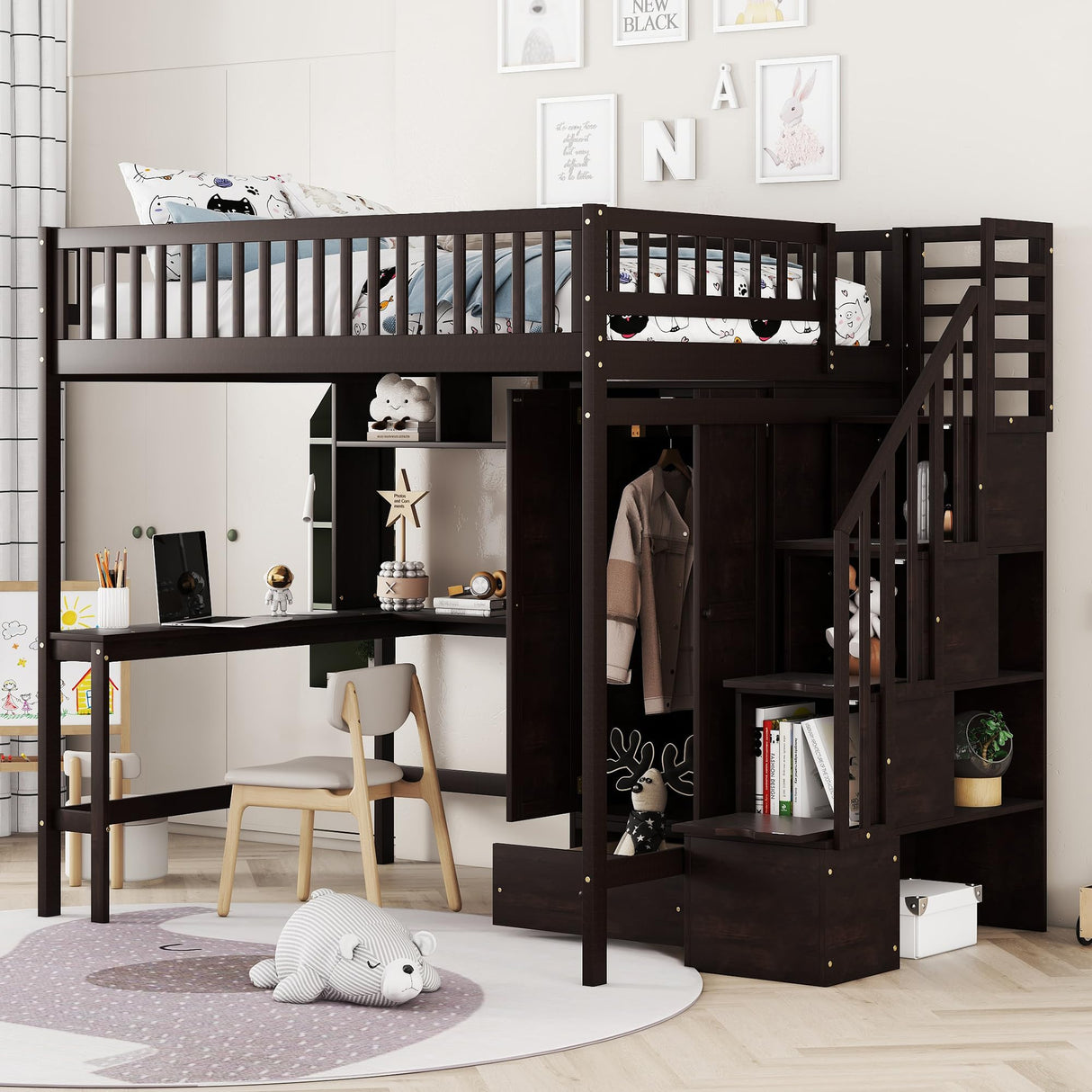 Espresso Full Size Loft Bed with Storage Stairs, Desk, Bookshelf, and Wardrobe by Harper & Bright Designs Harper & Bright Designs