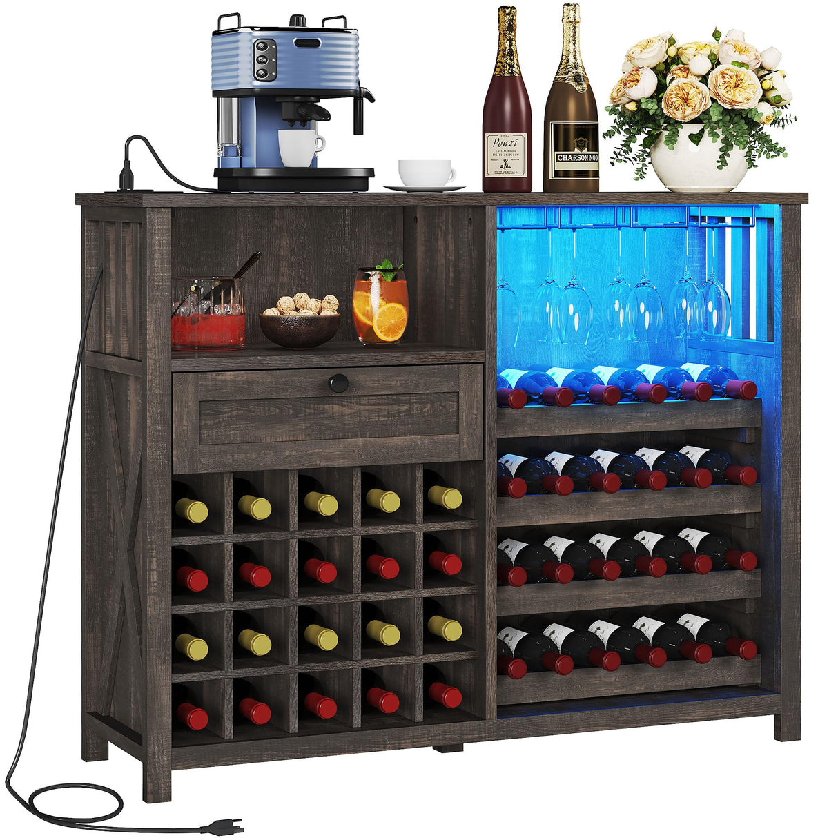 YITAHOME Wine Bar Cabinet with LED Light and Power Outlet 47" Home Coffee Bar with Wine Glass Rack Kitchen Buffet Sideboard with Storage Drawer Liquor Table for Living Dining Room Rustic Oak YITAHOME