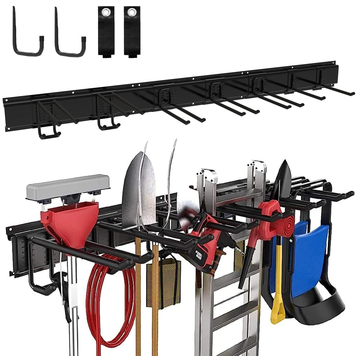 LOKMON Garage Tool Organizer Wall Mount 48 Inch Garden Yard Tool Organizer Adjustable Tool Hangers Wall Shovel Holder 3 Rails & 9 Hooks Heavy Duty LOKMON