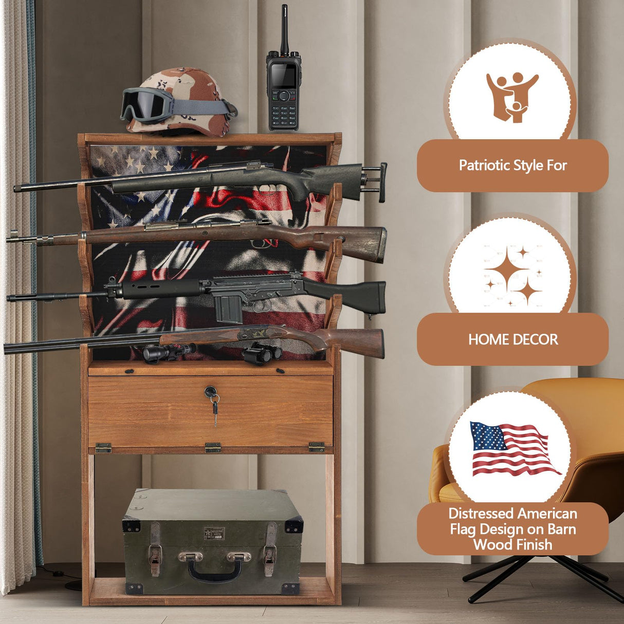 Colingmill Patriotic Wooden Gun Racks for 4 Rifles, American Flag Horizontal Gun Display Stand Cabinet Shelf with Storage Compartment for Shotgun Accessories, 35 x 20 x 13 Inch Colingmill