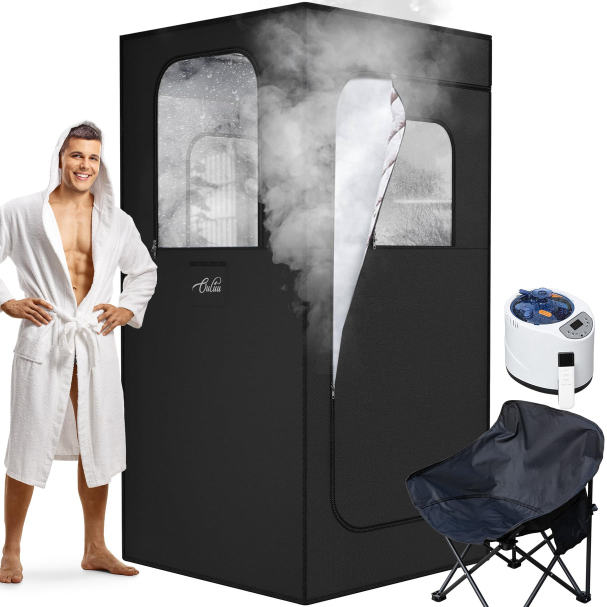 ouluu Large Portable Steam Sauna, 3L Steamer Portable Sauna Box for Home, Personal Sauna with Big Sauna Chair, Remote Control, 3.2’ x 3.2’ x 6.0’, Black, 1200W ouluu
