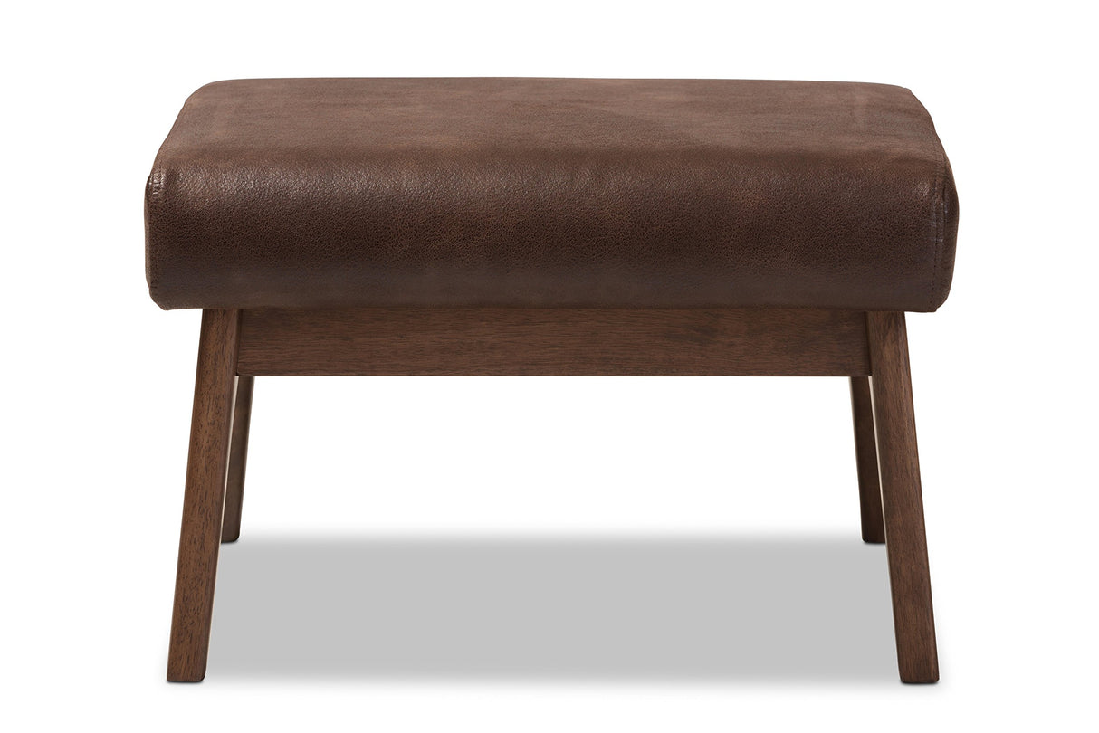 Baxton Studio Birk Mid-Century Modern Walnut Wood Dark Brown Distressed Faux Leather Ottoman Baxton Studio