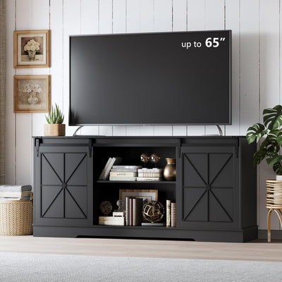 Farmhouse TV Stand for 65/60/55 Inch Tvs, Rustic Entertainment Center with Storage Cabinets & Sliding Barn Doors, Modern Media Console Table, Wood Television Furniture for Living Room, Bedroom, Black