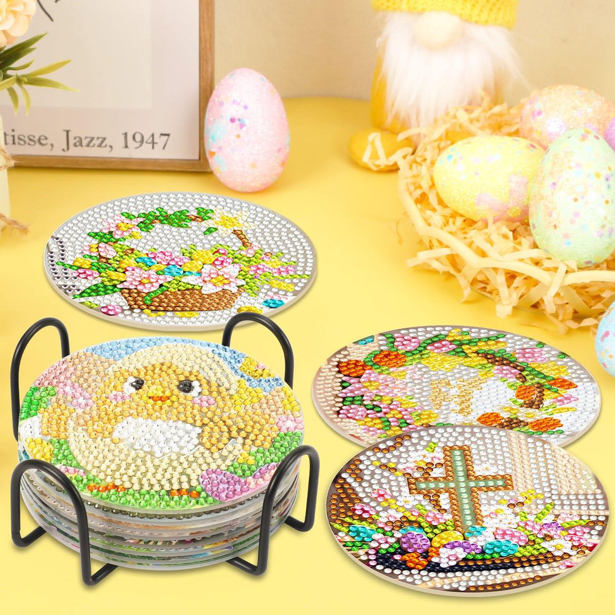 UPINS 8 Pieces Easter Diamond Art Coasters,Bunnies Diamond Art Coaster for Adults Diamond Kits Supplies for Spring Easter Gift UPINS