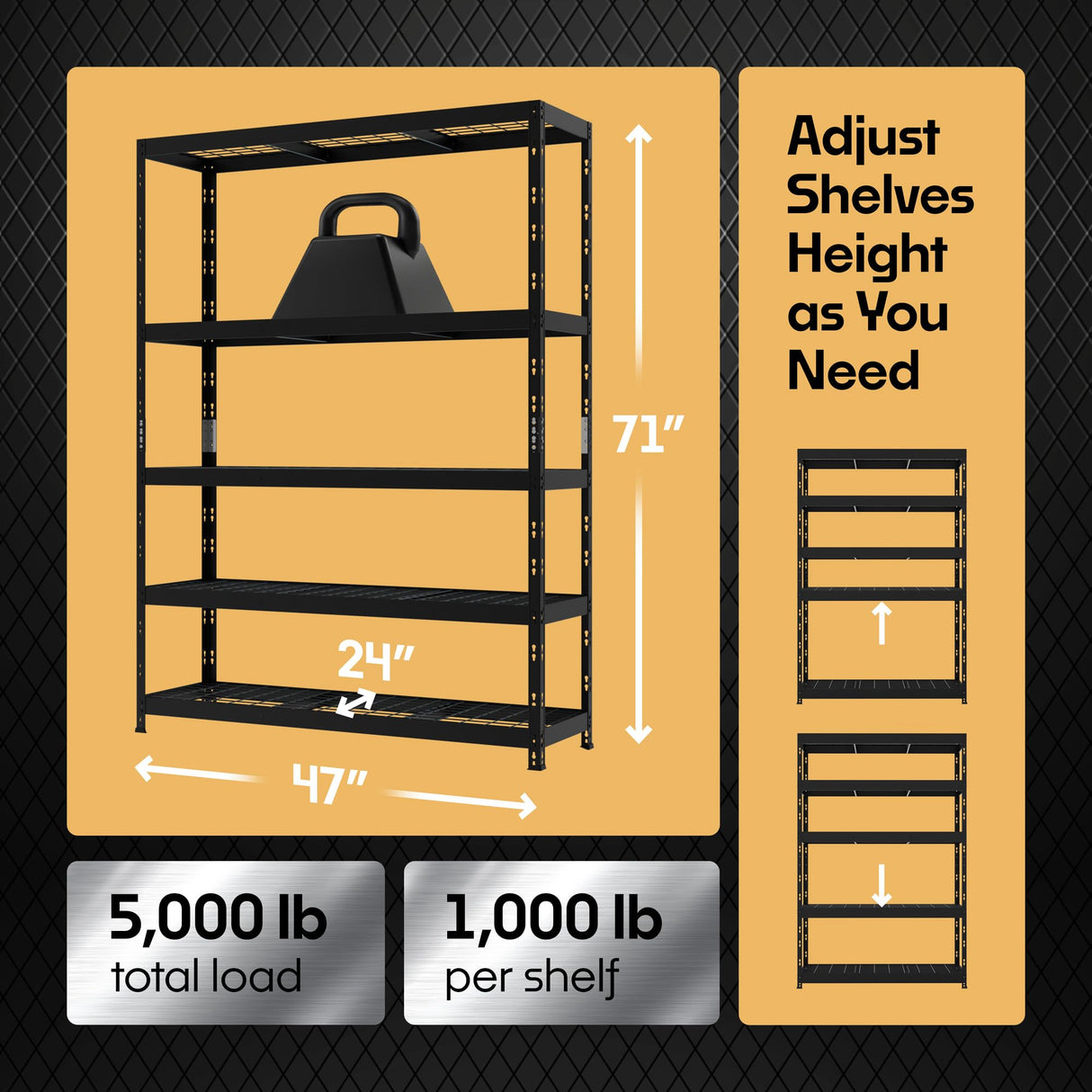 Metalkast Heavy-Duty Metal Garage Shelving | 71" H x 47" W x 24" D | Adjustable Industrial Storage Rack with Wire Shelves | 5-Tier Steel Shelving Unit, 5,000LB Capacity, Rust-Resistant Coating Metalkas