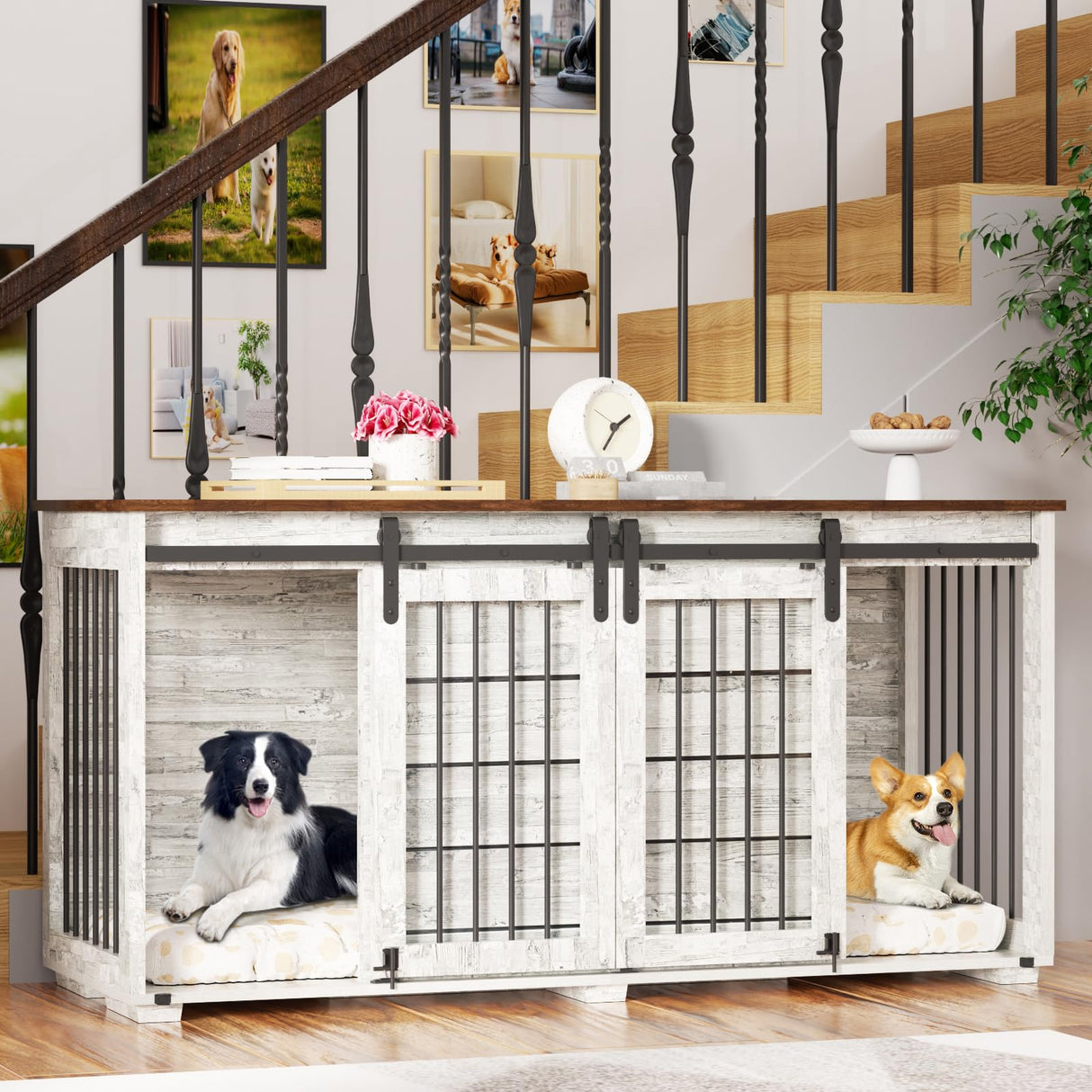 EBE Dog Crate Furniture, 63''Wooden Dog Kennel with Removable Divider and Sliding Door, Dog Crate with Double Rooms, Heavy Duty Dog Crate Table Indoor TV Stand for Small Medium Large Dogs EBE