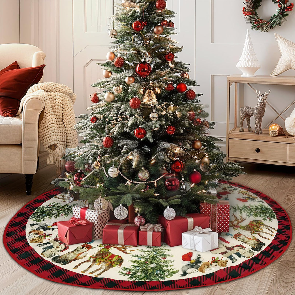 Christmas Tree Skirt 48 Inch Santa Claus Peace Love Xmas Tree Mat Decoration Winter Xmas Holiday Ornaments Home Party Decorations (Beige, 48x48 inch) Mocsicka