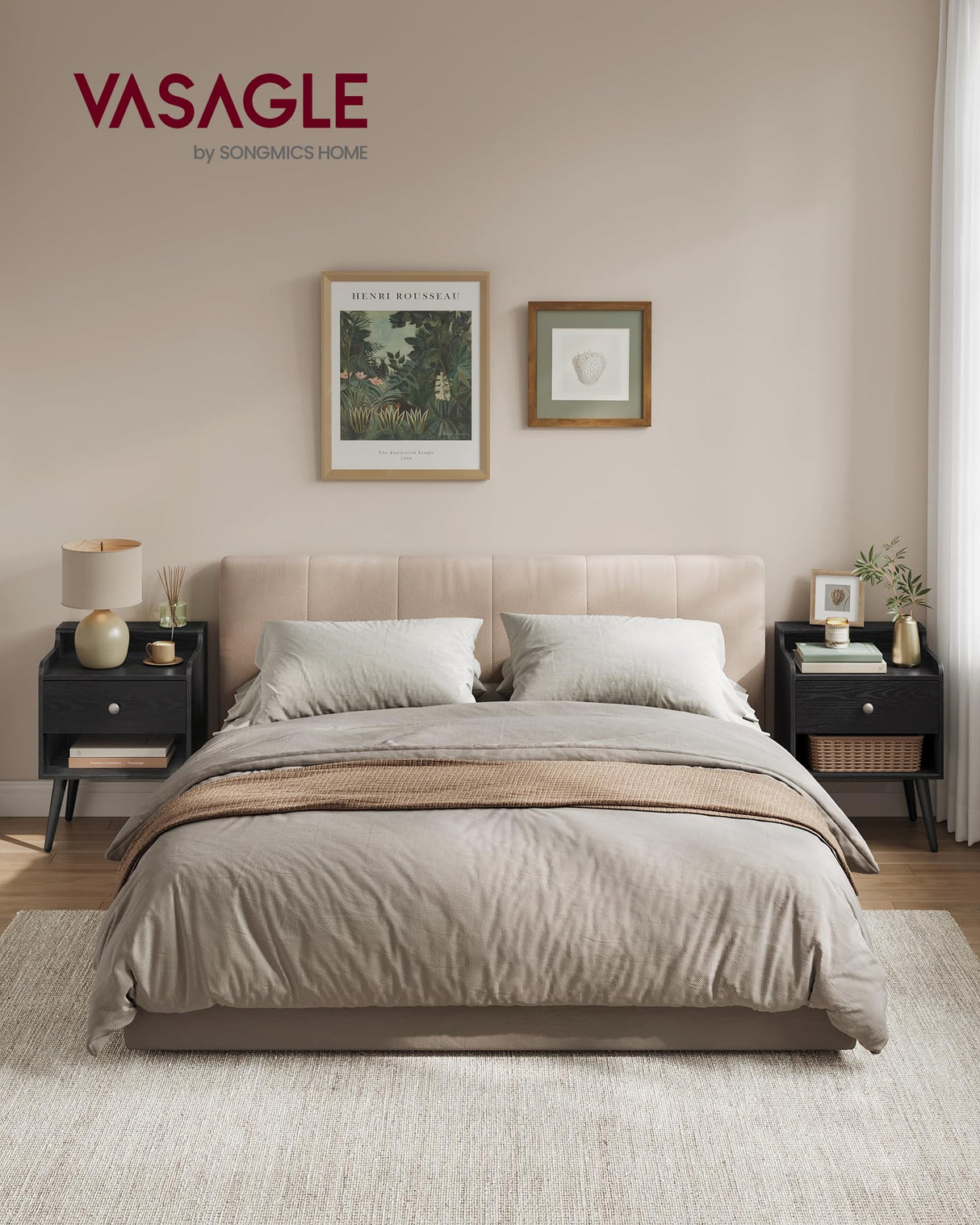 VASAGLE Nightstands, Set of 2, Bedside Tables with Hidden Drawers, Mid-Century End Tables, Ebony Black VASAGLE